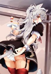 Rule 34 | 10s, 1girl, alternate costume, amatsukaze (kancolle), animal ears, apron, arm behind back, ass, bad id, bad pixiv id, blush, brown hair, cake, cat ears, cat tail, enmaided, food, frills, from below, fruit, garter straps, ice cream, kantai collection, kemonomimi mode, long hair, looking at viewer, maid, maid apron, maid headdress, open mouth, panties, parfait, red thighhighs, short sleeves, silver hair, skirt, solo, tail, thighhighs, tray, underwear, white panties, wrist cuffs