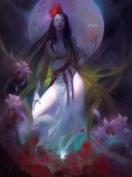Rule 34 | 1girl, bangle, black hair, bracelet, breasts, chang&#039;e, circlet, cleavage, copyright name, dress, fengweic12, fingernails, full moon, hair ornament, hand on own leg, jewelry, journey to the west, long fingernails, long hair, looking at viewer, moon, nail, night, pale skin, ring, solo, standing, white dress