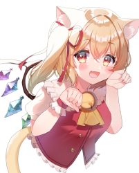 Rule 34 | 1girl, :d, absurdres, animal ear fluff, animal ears, bad id, bad pixiv id, bell, blonde hair, blush, cat ears, cat tail, collared shirt, cropped torso, crystal, fang, flandre scarlet, frilled shirt collar, frills, hair ribbon, hands up, hayura soyo, highres, kemonomimi mode, looking at viewer, medium hair, neck bell, no headwear, open mouth, orange eyes, paw pose, puffy short sleeves, puffy sleeves, red ribbon, red vest, ribbon, shirt, short sleeves, side ponytail, simple background, skin fang, smile, solo, tail, touhou, upper body, vest, white background, white shirt, wings, wrist cuffs
