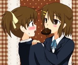 Rule 34 | 2girls, blush, brown eyes, brown hair, chocolate, cookie, english text, eye contact, female focus, food, hair ornament, hairclip, hand on shoulder, hirasawa ui, hirasawa yui, incest, k-on!, lion hugh, looking at another, mouth hold, multiple girls, open mouth, ponytail, school uniform, siblings, sisters, surprised, sweat, sweatdrop, yuri