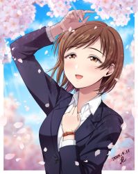 Rule 34 | 1girl, alternate costume, alternate hair length, alternate hairstyle, brown eyes, brown hair, business suit, cherry blossoms, commentary request, formal, highres, idolmaster, idolmaster cinderella girls, looking up, nitta minami, office lady, short hair, solo, suit, upper body, yoohi