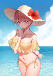Rule 34 | 1girl, bare shoulders, between breasts, bikini, bison cangshu, blue eyes, blue sky, blush, breasts, cloud, cloudy sky, collarbone, commentary request, cowboy shot, day, flower, go-toubun no hanayome, hand up, hat, hat flower, hibiscus, highres, horizon, index finger raised, large breasts, looking at viewer, nakano ichika, navel, ocean, off-shoulder bikini, off shoulder, outdoors, parted lips, pink hair, red flower, short hair, side-tie bikini bottom, sky, solo, stomach, sun hat, swimsuit, thighs, water, yellow bikini