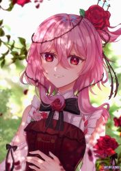 Rule 34 | 1girl, artist name, black bow, blurry, blurry background, bow, breasts, elbow cutout, flower, hair between eyes, hair flower, hair ornament, highres, lilinee, lolita fashion, nijisanji, nijisanji en, parted lips, plant, red eyes, red flower, red rose, rose, rosemi lovelock, rosemi lovelock (1st costume), short sidetail, small breasts, smile, solo, thorns, upper body, vines, virtual youtuber
