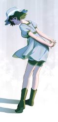 Rule 34 | 1girl, arms behind back, boots, closed mouth, dress, green eyes, green footwear, green hair, grey dress, grey hat, hat, highres, looking at viewer, looking back, nashigaya koyomi, own hands together, puffy sleeves, shiina mayuri, short hair, smile, solo, steins;gate