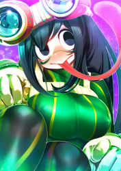 Rule 34 | 1girl, asui tsuyu, black eyes, black hair, bodysuit, boku no hero academia, boots, breasts, closed mouth, face paint, goggles, goggles on head, green bodysuit, hakkasame, highres, large breasts, long tongue, looking to the side, matching hair/eyes, purple background, sidelocks, solo, thigh boots, thighhighs, tongue, tongue out