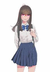 Rule 34 | 1girl, arm behind back, backpack, bag, black hair, blue bow, blue bowtie, blue skirt, blunt bangs, blunt ends, bow, bowtie, buttons, cellphone, closed mouth, collared shirt, glasses, grey bag, highres, holding, holding phone, light blush, lips, long hair, long sleeves, looking at viewer, original, over-rim eyewear, peco (pockleberry), phone, pleated skirt, purple eyes, red-framed eyewear, school uniform, semi-rimless eyewear, shirt, simple background, skirt, smartphone, solo, white background, white shirt