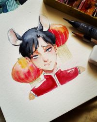 Rule 34 | 1boy, absurdres, animal ears, chinese clothes, chinese zodiac, highres, kemonomimi mode, killing stalking, lantern, male focus, mouse ears, painting (medium), portrait, rat boy, sleeveless, sophroniahaven, straight-on, traditional media, watercolor (medium), year of the rat, yoon bum