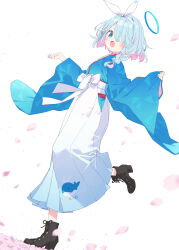 Rule 34 | 1girl, adapted costume, arona (blue archive), black footwear, blue archive, blue eyes, blue hair, blue halo, blue kimono, blush, boots, braid, colored inner hair, hair over one eye, hakama, halo, high heel boots, high heels, highres, japanese clothes, kani biimu, kimono, long sleeves, looking at viewer, multicolored hair, open mouth, pink hair, short hair, single braid, smile, solo, white hakama, wide sleeves