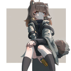 Rule 34 | 1girl, animal ear fluff, animal ears, between legs, black shirt, black socks, blush, brown eyes, brown hair, can, canned coffee, closed mouth, drink can, feet out of frame, georgia max coffee, grey background, grey jacket, hand between legs, hand on own knee, highres, holding, holding can, jacket, kuro kosyou, looking away, looking to the side, open clothes, open jacket, original, shirt, short eyebrows, sitting, socks, solo, tail, thick eyebrows, two-tone background, white background