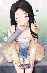 Rule 34 | 1girl, 1other, ;t, black hair, blue shorts, brown jacket, cellphone, closed mouth, collarbone, commentary, copyright request, disembodied hand, english commentary, forehead, heart, highres, holding, holding phone, jacket, long hair, long sleeves, looking at viewer, nami (nyaa), off shoulder, open clothes, open jacket, original, phone, purple eyes, shirt, shorts, sitting, sleeves past wrists, spoken heart, spoken squiggle, squiggle, white shirt