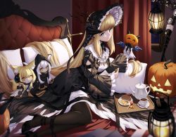 Rule 34 | 1girl, arknights, black dress, black footwear, black headwear, black pantyhose, blonde hair, blue eyes, blunt bangs, bonnet, breasts, bright pupils, cake, cake slice, candy, character doll, closed mouth, cookie, creature, cup, dress, food, gothic lolita, high heels, highres, holding, holding food, horns, horns through headwear, jack-o&#039;-lantern, juliet sleeves, lamp, layered dress, lolita fashion, lollipop, long hair, long sleeves, looking at viewer, mkt (pixiv15187870), nearl (arknights), nearl the radiant knight (arknights), nightingale (an elegy) (arknights), nightingale (arknights), official alternate costume, on bed, pantyhose, pillow, puffy sleeves, shining (arknights), small breasts, smile, solo, spoon, tea, teacup, teapot, very long hair, white dress, wide sleeves