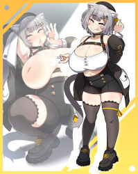 Rule 34 | 1girl, absurdres, animal ear fluff, animal ears, bandeau, black choker, black footwear, black shorts, black thighhighs, blue nails, breasts, breasts out, cat ears, cat girl, cat tail, choker, cleavage, commission, fellatio gesture, grey hair, highres, huge breasts, inverted nipples, konoshige (ryuun), large areolae, original, shoes, short hair, short shorts, shorts, skeb commission, smile, sneakers, tail, thick thighs, thighhighs, thighs, tongue, tongue out, white bandeau, yellow eyes, zoom layer