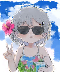 Rule 34 | 1girl, armpit crease, asasow, blue background, braided hair rings, commentary request, covered eyes, drink, facing viewer, flower, grey hair, hair flower, hair ornament, hand up, hatoba tsugu, hibiscus, holding, holding drink, multicolored clothes, multicolored swimsuit, open mouth, penguin hair ornament, pink flower, short hair, single hair ring, smile, solo, sunglasses, swimsuit, tsugu (vtuber), two-tone background, upper body, v, virtual youtuber, white background