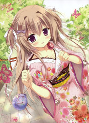 Rule 34 | 1girl, :d, absurdres, azumi kazuki, blush, breasts, brown hair, candy apple, cleavage, hair intakes, highres, japanese clothes, kimono, open mouth, path, purple eyes, road, smile, torii, tree, two side up, water balloon, yukata