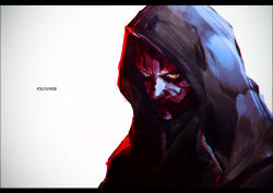 Rule 34 | 1boy, artist name, black skin, colored skin, commentary request, darth maul, hood, hood up, k-suwabe, letterboxed, looking at viewer, male focus, portrait, red skin, shiny skin, simple background, sith, solo, star wars