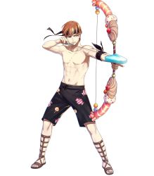 Rule 34 | 1boy, alternate costume, arrow (projectile), black male swimwear, black swim trunks, bow (weapon), candy, candy print, drawing bow, drawstring, fire emblem, fire emblem awakening, fire emblem heroes, food, food in mouth, full body, gaius (fire emblem), gaius (summer) (fire emblem), gladiator sandals, green eyes, hako ichiiro, highres, holding, holding bow (weapon), holding weapon, legs apart, lollipop, male focus, male swimwear, nintendo, official art, popsicle, print male swimwear, print swim trunks, print swimsuit, red hair, sandals, solo, swim trunks, swimsuit, topless male, transparent background, weapon, wide stance