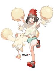 Rule 34 | 1girl, armpit peek, arms up, beanie, black eyes, black hair, creatures (company), cutiefly, game freak, gen 7 pokemon, hat, nintendo, open mouth, oricorio, pokemon, pokemon (creature), pokemon sm, pom pom (cheerleading), red hat, selene (pokemon), shirt, short hair, simple background, standing, standing on one leg, starshadowmagician, tied shirt, white background