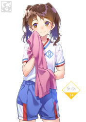 Rule 34 | 1girl, artist name, blue shorts, blush, brown eyes, brown hair, closed mouth, commentary request, cowboy shot, gym shorts, gym uniform, highres, long hair, nose blush, original, pairan, parted bangs, shirt, short sleeves, shorts, simple background, smile, solo, sweat, towel, twintails, white background, white shirt, wiping face
