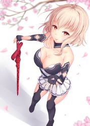 Rule 34 | 10s, 1girl, bad id, bad perspective, bad pixiv id, bare shoulders, black legwear, blonde hair, blurry, breasts, cherry blossoms, cleavage, closed mouth, collarbone, detached sleeves, garter belt, highres, large breasts, looking at viewer, mole, mole on breast, petals, pleated skirt, red eyes, shiro usagi, short hair, skirt, smile, solo, standing, strapless, strea (sao), sword, sword art online, weapon, white skirt