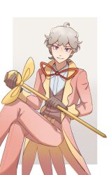 Rule 34 | 1boy, ahoge, bede (pokemon), cane, coat, collared shirt, commentary, cosplay, creatures (company), crossed legs, curly hair, eyelashes, game freak, gloves, grey hair, highres, holding, holding cane, long sleeves, looking at viewer, male focus, neck ribbon, nintendo, open clothes, open coat, orange ribbon, ortega (pokemon), ortega (pokemon) (cosplay), pants, parted lips, pink coat, pink pants, pokemon, pokemon sv, pokemon swsh, purple eyes, ribbon, shirt, short hair, smile, solo, submashell