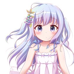 Rule 34 | 1girl, bare arms, bare shoulders, blue eyes, blue hair, blueberry hair ornament, blush, closed mouth, collarbone, dress, food-themed hair ornament, gochuumon wa usagi desu ka?, goth risuto, hair ornament, kafuu chino, long hair, looking at viewer, revision, ribbon-trimmed dress, simple background, sleeveless, sleeveless dress, solo, two side up, very long hair, white background, white dress