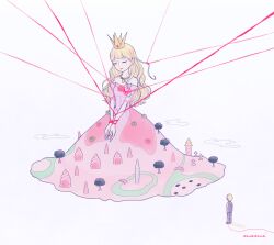 Rule 34 | 1girl, bare shoulders, blonde hair, bound, bridge, closed eyes, closed mouth, cloud, crown, dress, full body, giant, giantess, jewelry, long hair, magicant, memi (gamemix), mother (game), mother 1, necklace, nintendo, pink dress, queen mary, short sleeves, signature, solo focus, string, string of fate, tied up (nonsexual), tombstone, tree