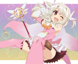 Rule 34 | 1girl, ;d, elbow gloves, fate/kaleid liner prisma illya, fate (series), feather hair ornament, feathers, ginmaru, gloves, feather hair ornament, illyasviel von einzbern, kaleidostick, long hair, magical girl, magical ruby, one eye closed, open mouth, prisma illya, red eyes, smile, solo, thighhighs, two side up, v, wand, white hair, wink