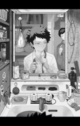 Rule 34 | 2boys, ^ ^, aged down, alarm clock, bath brush, bathroom, blurry, brothers, cable, clock, closed eyes, collared shirt, comb, cup, depth of field, dress shirt, facing viewer, faucet, greyscale, hands up, highres, kazama shin (world trigger), kazama souya, kzmsnmjkk, letterboxed, long sleeves, looking to the side, male focus, mirror, monochrome, multiple boys, out of frame, plug, rag, razor, reflection, reflection focus, shampoo bottle, shelf, shirt, short hair, siblings, sink, soap, solo focus, spiked hair, spray can, sticker, tile wall, tiles, toothbrush, toothpaste, tying necktie, world trigger