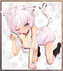Rule 34 | 1girl, all fours, animal ears, bad id, bad pixiv id, bell, neck bell, blush, breasts, cat ears, cat tail, cleavage, collar, jingle bell, kojiki-life, one eye closed, original, solo, strap slip, tail, wink