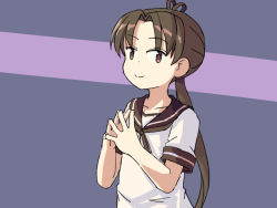 Rule 34 | 1girl, ayanami (kancolle), brown hair, brown sailor collar, commentary, english commentary, fingers together, grey background, kantai collection, long hair, looking at viewer, one-hour drawing challenge, sailor collar, school uniform, serafuku, side ponytail, sixten, smile, solo, two-tone background, upper body