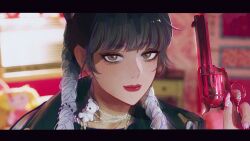 Rule 34 | 1girl, black hair, blurry, blurry background, bo zhi eba, brown eyes, choker, commentary, english commentary, g-i-dle, gradient hair, grey hair, gun, hair behind ear, handgun, highres, holding, holding gun, holding weapon, k-pop, letterboxed, lips, looking at viewer, low twintails, minnie nicha yontararak, mole, mole under eye, multicolored hair, nail art, nail polish, portrait, real life, red lips, revolver, smile, solo, twintails, weapon