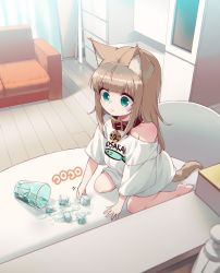 Rule 34 | 1girl, 40hara, animal ears, aqua eyes, barefoot, blonde hair, cat ears, cat girl, cat tail, collar, cup, drinking glass, highres, ice, ice cube, indoors, kinako (40hara), kneeling, long hair, off shoulder, on table, original, animal collar, red collar, shirt, solo, spill, t-shirt, table, tail, white shirt, wooden floor