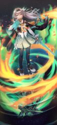 Rule 34 | 1girl, absurdres, armor, astartlink, black gloves, black hairband, breasts, cropped jacket, fire, firefly (honkai: star rail), frilled sleeves, frills, full body, gloves, green skirt, green thighhighs, grey armor, grey hair, hair between eyes, hair intakes, hair ornament, hairband, helmet, highres, holding, holding sword, holding weapon, honkai: star rail, honkai (series), long hair, long sleeves, looking at viewer, medium breasts, neckerchief, orange neckerchief, partially fingerless gloves, power armor, sam (honkai: star rail), skirt, sword, thighhighs, two-tone eyes, weapon