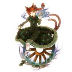 Rule 34 | 1girl, absurdres, animal ears, bow, braid, cat ears, cat girl, cat tail, clothes lift, dress, dress lift, fangs, female focus, full body, hair ribbon, highres, kaenbyou rin, multiple tails, red eyes, red hair, ribbon, short hair, skull, solo, tail, te okure, touhou, transparent background, twin braids, twintails, wheel