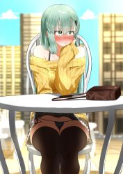 Rule 34 | 1girl, aqua eyes, aqua hair, bag, black panties, blue sky, blush, brown thighhighs, clothes lift, cloud, commentary request, cowboy shot, day, gekiteki na beefsteak, hair ornament, hairclip, highres, kantai collection, long hair, looking to the side, nose blush, off-shoulder sweater, off shoulder, outdoors, panties, side-tie panties, sitting, skirt, skirt lift, sky, solo, suzuya (kancolle), sweater, table, thighhighs, underwear, yellow sweater