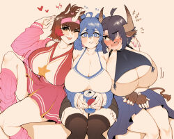 Rule 34 | 3girls, animal ears, bare shoulders, black eyes, black thighhighs, blue eyes, blue hair, borrowed character, breasts, brown gloves, brown hair, can, cleavage, cow ears, cow girl, cow horns, cow tail, drink can, embarrassed, eyepatch, fang, fingerless gloves, gigantic breasts, gloves, gradient hair, highres, horns, huge breasts, long hair, long sleeves, looking at another, looking at viewer, medical eyepatch, medium hair, multicolored hair, multiple girls, off shoulder, original, pepsi, pink hair, pink nails, pink skirt, pleated skirt, sachi (lero ray), single horn, skirt, soda can, sports bra, star (symbol), star print, tail, thighhighs, twintails, undersized clothes, uni (oni unicorn), white sports bra
