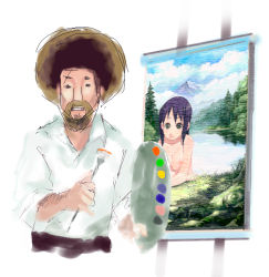 Rule 34 | 1boy, afro, art brush, beard, bob ross, breasts, canvas (object), chinchickrin, clothed male nude female, cropped legs, easel, facial hair, facing viewer, male focus, medium breasts, mustache, nipples, nude, paintbrush, painting (action), palette (object), parody, real life, real life insert, simple background, solo, the joy of painting, topless frame, topless male, white background