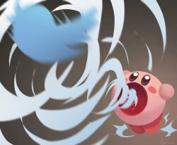 Rule 34 | :o, bird, blue eyes, blush stickers, commentary request, crossover, full body, grey background, highres, kirby, kirby (series), nintendo, no humans, open mouth, tokkakyou, twitter, twitter bird, twitter logo