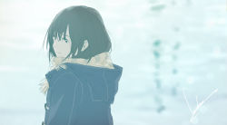 Rule 34 | 1girl, blurry, brown eyes, brown hair, closed mouth, coat, depth of field, loundraw, original, painttool sai, scarf, short hair, signature, solo