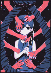 Rule 34 | 1boy, :|, antenna hair, bare arms, bare shoulders, black background, black border, black eyes, black hair, black tank top, border, closed mouth, collarbone, color guide, colored skin, expressionless, ghost hands, glint, highres, holding, holding knife, knife, limited palette, looking at viewer, male focus, noose, omori, omori (omori), own hands clasped, own hands together, reflective weapon, rope, short hair, simple background, solo, something (omori), sparkle, straight-on, tank top, toastytoast, white skin