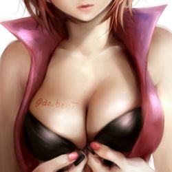Rule 34 | 1girl, bare shoulders, black bra, body writing, bra, breast focus, breasts, brown hair, cleavage, collarbone, female focus, front-hook bra, head out of frame, large breasts, lips, lma, lowres, meiko (vocaloid), nail polish, open bra, open clothes, open shirt, pink nails, shirt, short hair, solo, twitter username, underwear, upper body, vocaloid