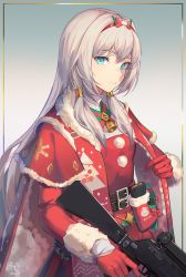Rule 34 | 1girl, alternate costume, an-94, an-94 (girls&#039; frontline), artist name, assault rifle, bell, belt, belt buckle, black belt, blue eyes, box, buckle, bullet, cape, christmas, christmas dress, christmas ornaments, closed mouth, commentary, defy (girls&#039; frontline), dress, english commentary, expressionless, feet out of frame, fur-trimmed cape, fur trim, gift, gift box, girls&#039; frontline, gloves, gun, hair ornament, hairband, hairclip, highres, holding, holding gun, holding weapon, kalashnikov rifle, long hair, long sleeves, looking at viewer, magazine (weapon), merry christmas, neck bell, niac, parted lips, platinum blonde hair, red cape, red dress, red gloves, red hairband, revision, rifle, sidelocks, simple background, solo, standing, upper body, weapon