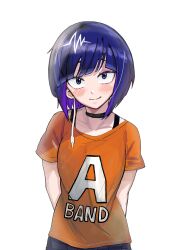 Rule 34 | 1girl, 7tree, absurdres, arms behind back, asymmetrical bangs, audio jack, black choker, black skirt, blue eyes, blunt bangs, blush, bob cut, boku no hero academia, bra strap, casual, choker, closed mouth, clothes writing, commentary, eyelashes, head tilt, highres, jirou kyouka, long earlobes, looking at viewer, orange shirt, pleated skirt, purple hair, raised eyebrows, romaji commentary, shirt, short hair, short sleeves, simple background, skirt, smile, solo, standing, t-shirt, upper body, upturned eyes, white background