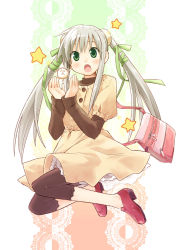 Rule 34 | 1girl, bag, blush, eretto, female focus, full body, green eyes, open mouth, original, satchel, solo, star (symbol), twintails, white background, white hair