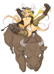 Rule 34 | 1girl, animal, animal ears, belt, blonde hair, boots, bra, breasts, bull, chaps, collar, cowboy boots, cowboy hat, cowboy western, earrings, fringe trim, full body, gloves, hand on headwear, hat, horns, jacket, jewelry, large breasts, legs, legs up, lingerie, long hair, multicolored eyes, navel, noname (nowhere), open mouth, original, panties, pointy ears, rabbit ears, riding, rumi (netyhobby), simple background, solo, spurs, thigh strap, thighhighs, underboob, underwear, very long hair, white background, white eyes, white panties, wings