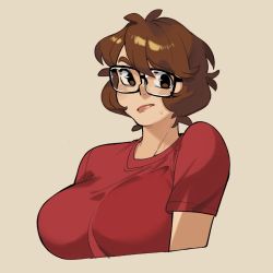 Rule 34 | 1girl, beige background, blush, breasts, brown eyes, brown hair, confused, cropped torso, eyebrows hidden by hair, highres, large breasts, looking at viewer, original, portrait, red shirt, shirt, snowcie, snowciel, solo, sweatdrop, yellow background