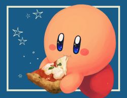 Rule 34 | absurdres, blue background, blue eyes, border, cheese trail, closed mouth, eating, food, highres, holding, holding food, holding pizza, kirby, kirby (series), nintendo, no humans, parsley, pizza, solo, star (symbol), symbol-only commentary, vul3hl0smteyk1z, white border