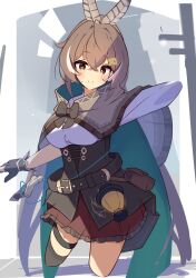 Rule 34 | 1girl, ahoge, asymmetrical legwear, belt, brown capelet, brown cloak, brown corset, brown eyes, brown hair, cape, capelet, cloak, corset, crossed bangs, dagger, feathers, gloves, hair ornament, hairclip, highres, hololive, hololive english, knife, lantern, looking at viewer, miniskirt, multicolored hair, nanashi mumei, nanashi mumei (1st costume), partially fingerless gloves, pleated skirt, pouch, red skirt, ribbon, shirt, single thighhigh, skirt, smile, streaked hair, tetenka, thighhighs, virtual youtuber, weapon, white shirt