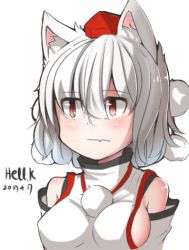 Rule 34 | 1girl, animal ears, artist name, bare shoulders, blush, breasts, dated, detached sleeves, fang, hat, hell.k, inubashiri momiji, looking away, lowres, medium breasts, pom pom (clothes), red eyes, short hair, sideboob, signature, silver hair, simple background, solo, tokin hat, touhou, white background, wolf ears