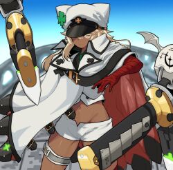 Rule 34 | 1girl, absurdres, bandaged arm, bandages, bat wings, belt, blonde hair, blue background, buckle, cape, dark-skinned female, dark skin, expressionless, gradient background, guilty gear, hat, highres, military hat, min lona, navel, one eye covered, ramlethal valentine, serious, shorts, wings, yellow eyes